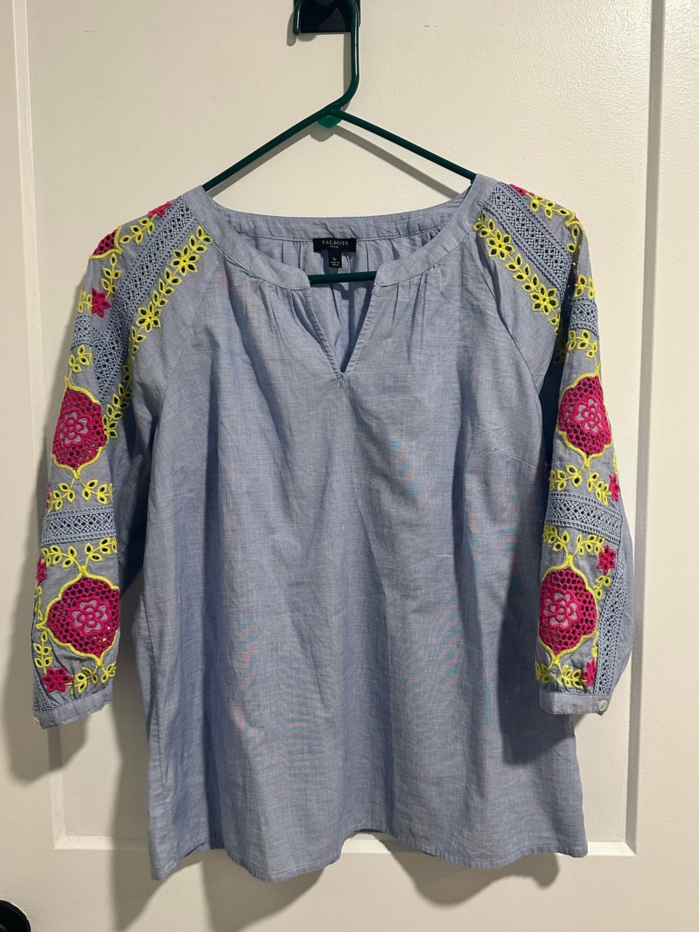 Talbots Light Blue Tunic with Pink and Neon Yellow Embroidery